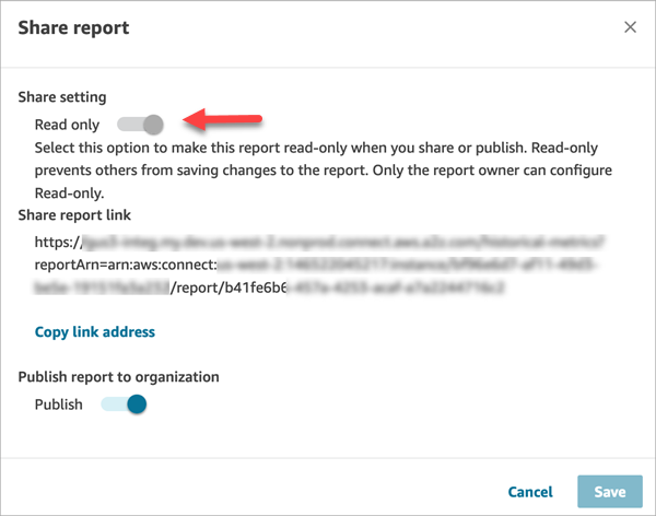 Sakelar Read-only dalam status dinonaktifkan, di kotak dialog Bagikan laporan.