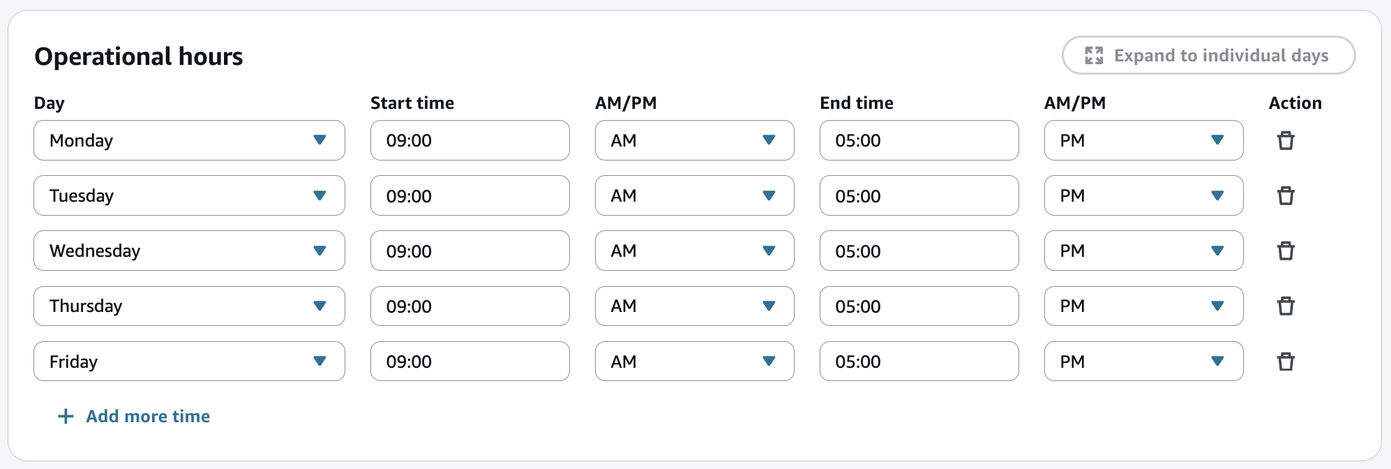 Contoh menghapus hari dari jadwal pusat kontak.