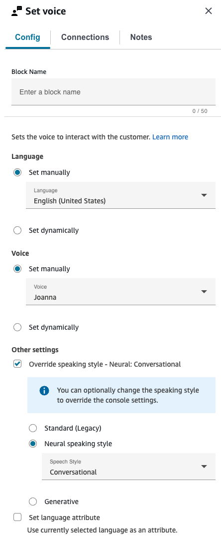 Halaman properti dari blok suara Set.