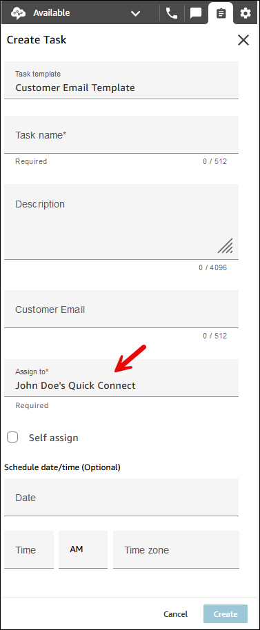 PKT, buat halaman tugas, bidang Tetapkan ke set ke koneksi cepat John Doe.