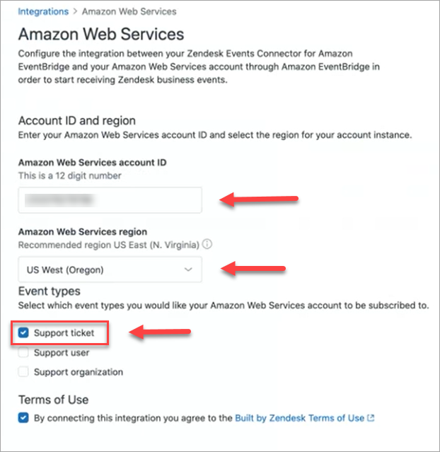 Halaman Amazon Web Services di Zendesk.