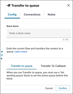 Halaman properti blok Transfer ke antrian, tab Transfer ke antrian.