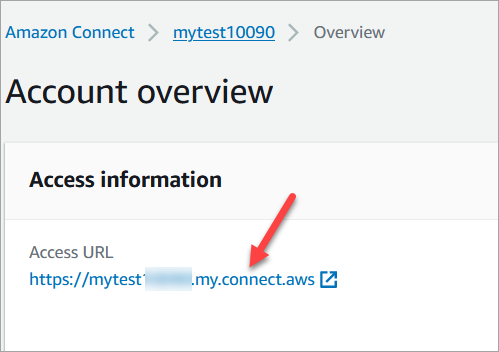 Konsol Amazon Connect, halaman ikhtisar Akun, bagian Informasi akses, URL Akses.
