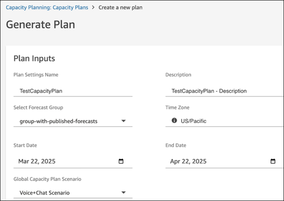 Halaman Generate Plan, bagian Input Rencana, nilai contoh.