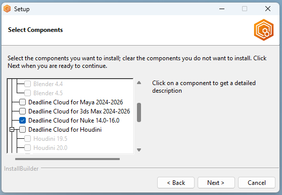Deadline Cloud submitter installer dengan komponen Nuke dipilih.