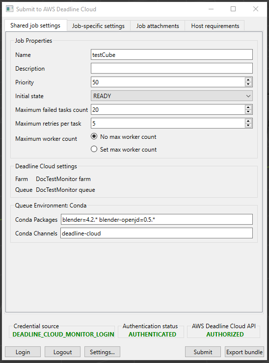 Tab pengaturan pekerjaan bersama dari Blender pengirim. Pengaturan di tab adalah default.