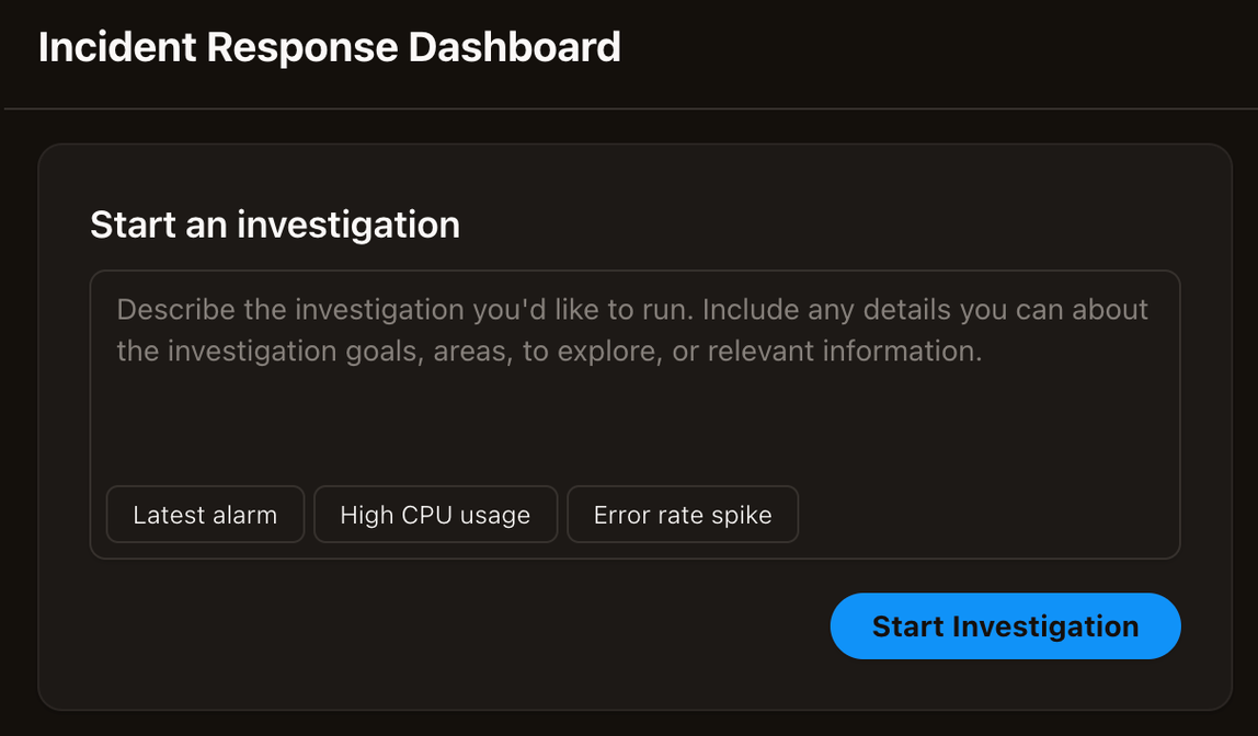 Formulir investigasi dengan bidang deskripsi, tombol saran, dan tombol Mulai Investigasi.