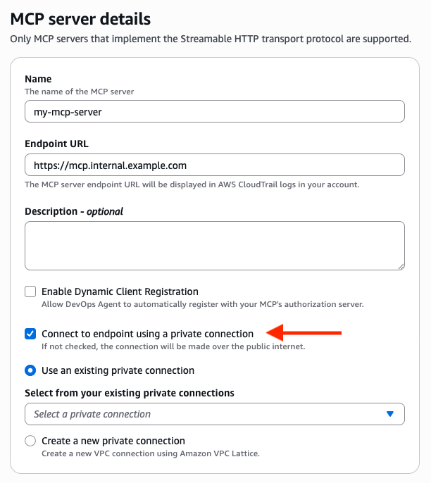 Connect to endpoint menggunakan kotak centang koneksi pribadi yang dipilih.