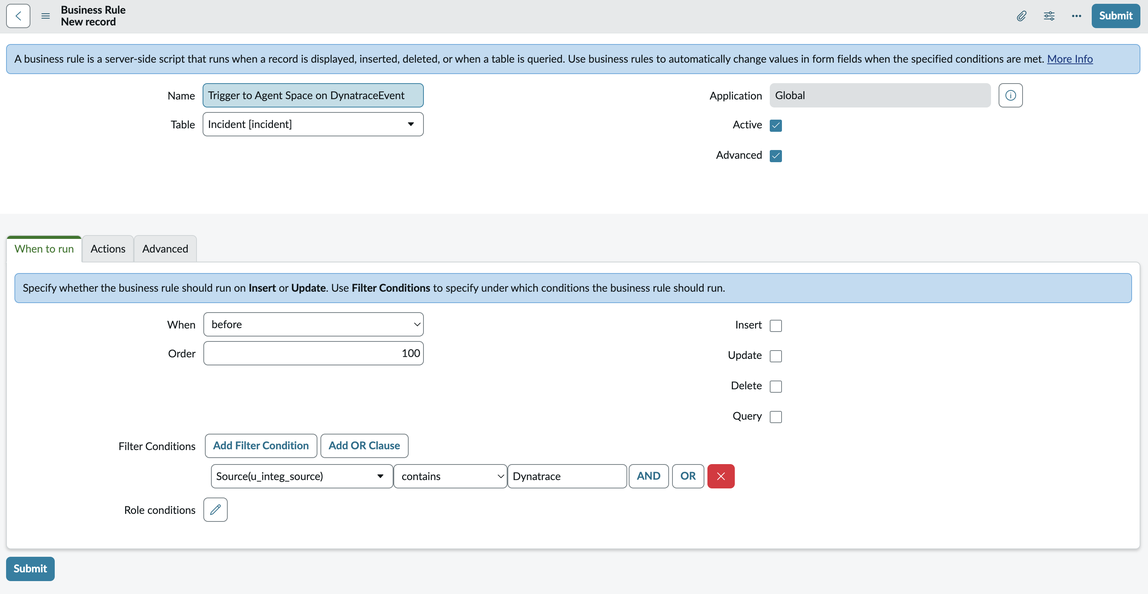 Kapan menjalankan tab dengan pemicu sebelum dan filter untuk Sumber berisi Dynatrace.