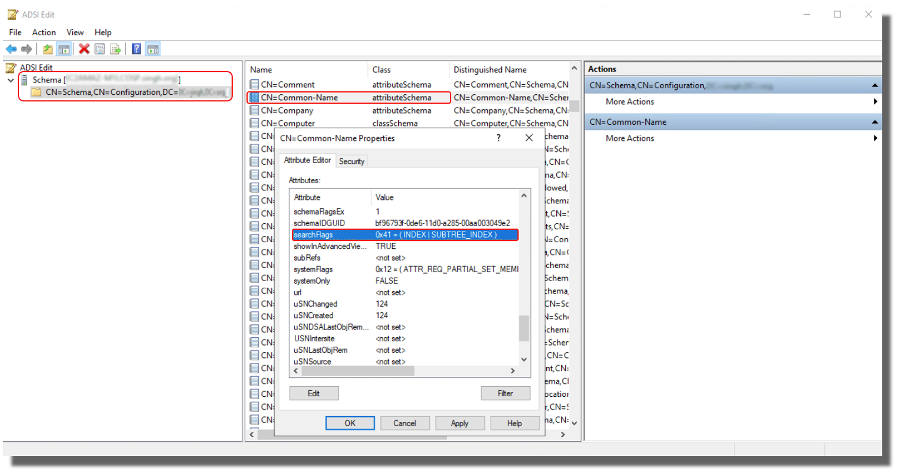 ADSI Edit kotak dialog terbuka dengan atribut SearchFlags disorot.