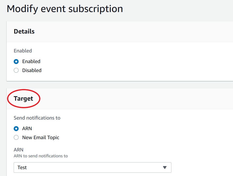 Formulir langganan Modify event yang menyoroti bagian Target.