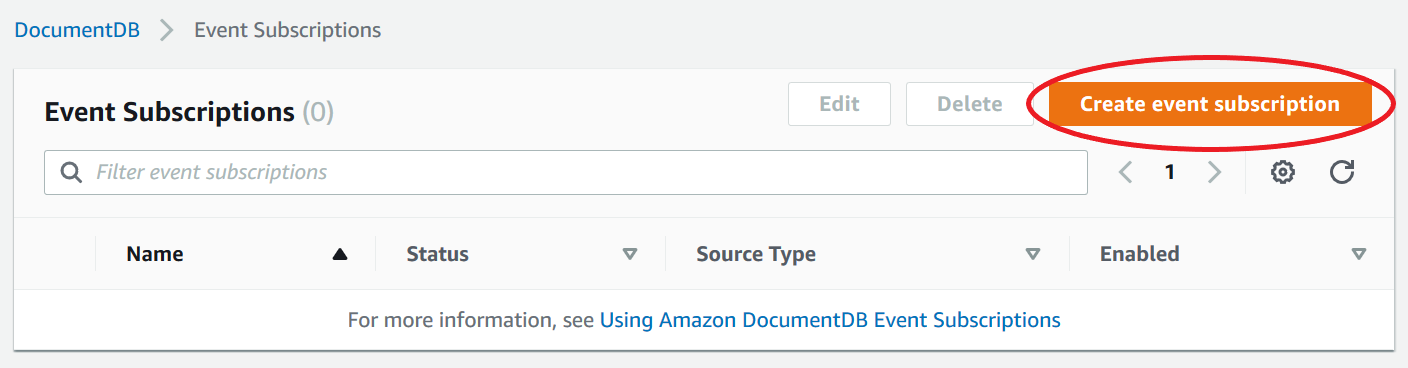 Panel Langganan Acara yang menyoroti tombol Buat langganan acara di sudut kanan atas.