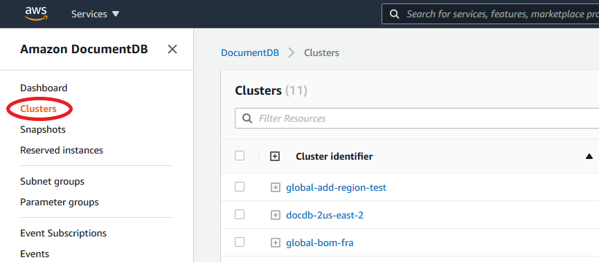 Halaman Clusters di konsol Amazon DocumentDB.