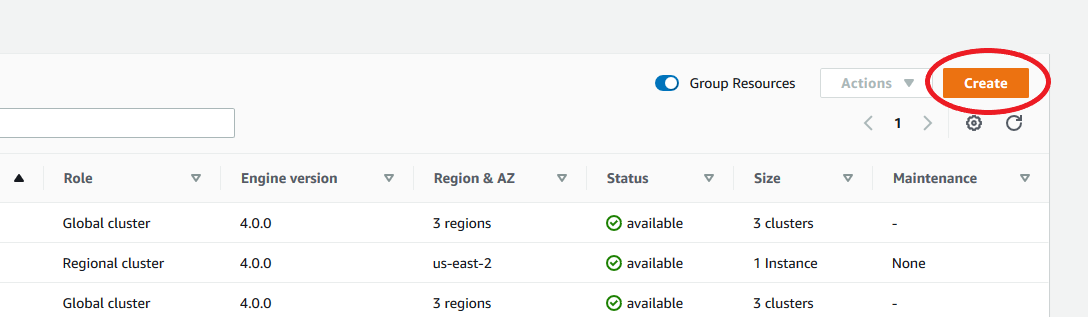 Tombol Create ditampilkan di sudut kanan atas tabel Clusters.
