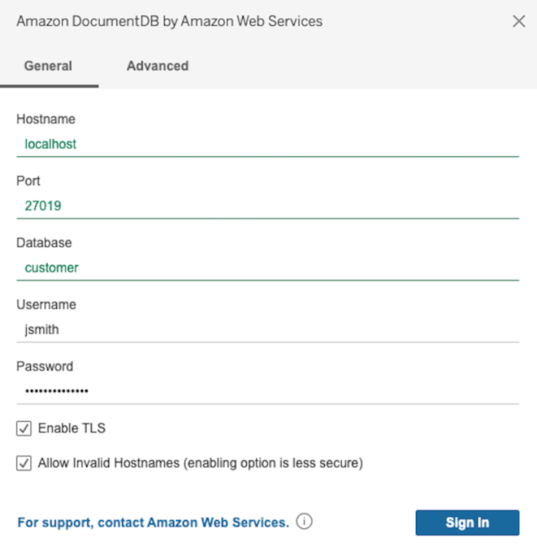 Tab umum di antarmuka konektor Amazon DocumentDB yang menampilkan nama host, port, database, nama pengguna, dan bidang kata sandi.