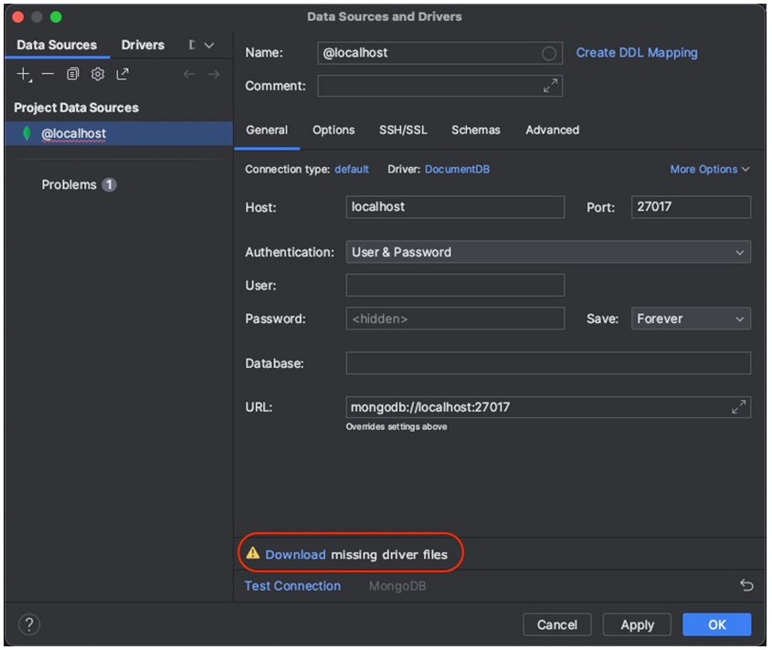 Antarmuka Sumber Data dan Driver dengan tautan Unduh file driver yang hilang disorot.