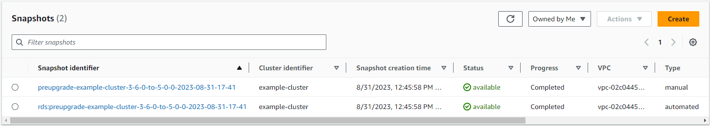 Gambar: kotak navigasi Snapshots yang menunjukkan tabel snapshot yang dibuat sebelumnya.