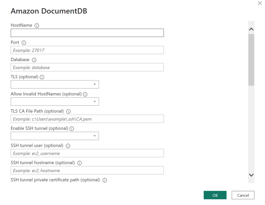 Formulir dengan bidang input detail koneksi untuk klaster Amazon DocumentDB.