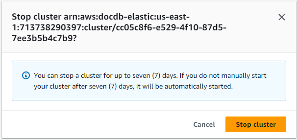 Dialog konfirmasi untuk menghentikan cluster, dengan tombol Cancel dan Stop cluster di bagian bawah.