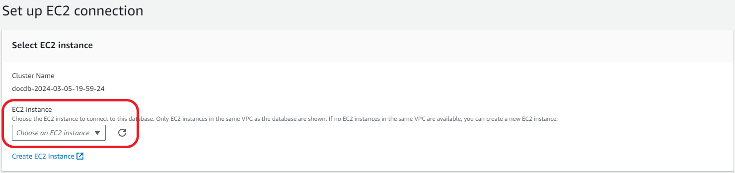 Pengaturan antarmuka koneksi EC2 dengan daftar dropdown instans EC2 disorot.