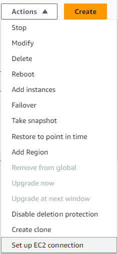 Daftar dropdown Tindakan dengan opsi Siapkan koneksi EC2 yang dipilih.
