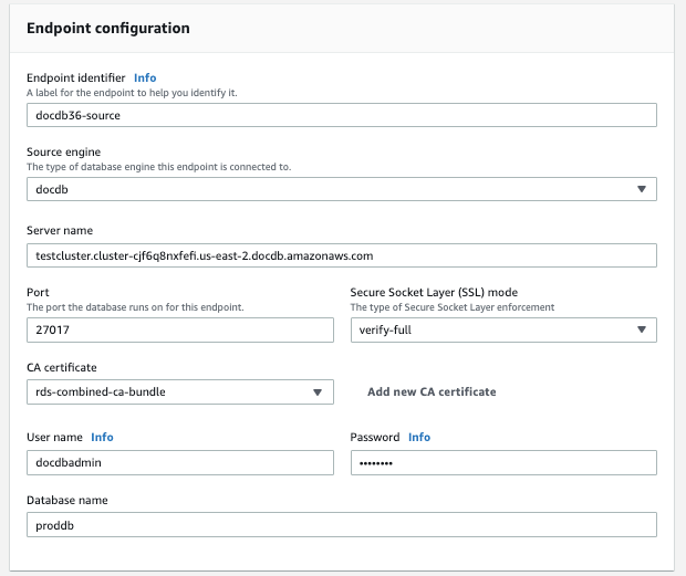 Gambar: Dialog konfigurasi titik akhir untuk AWS DMS sumber yang menampilkan sembilan bidang yang dapat dikonfigurasi dan menu drop-down.