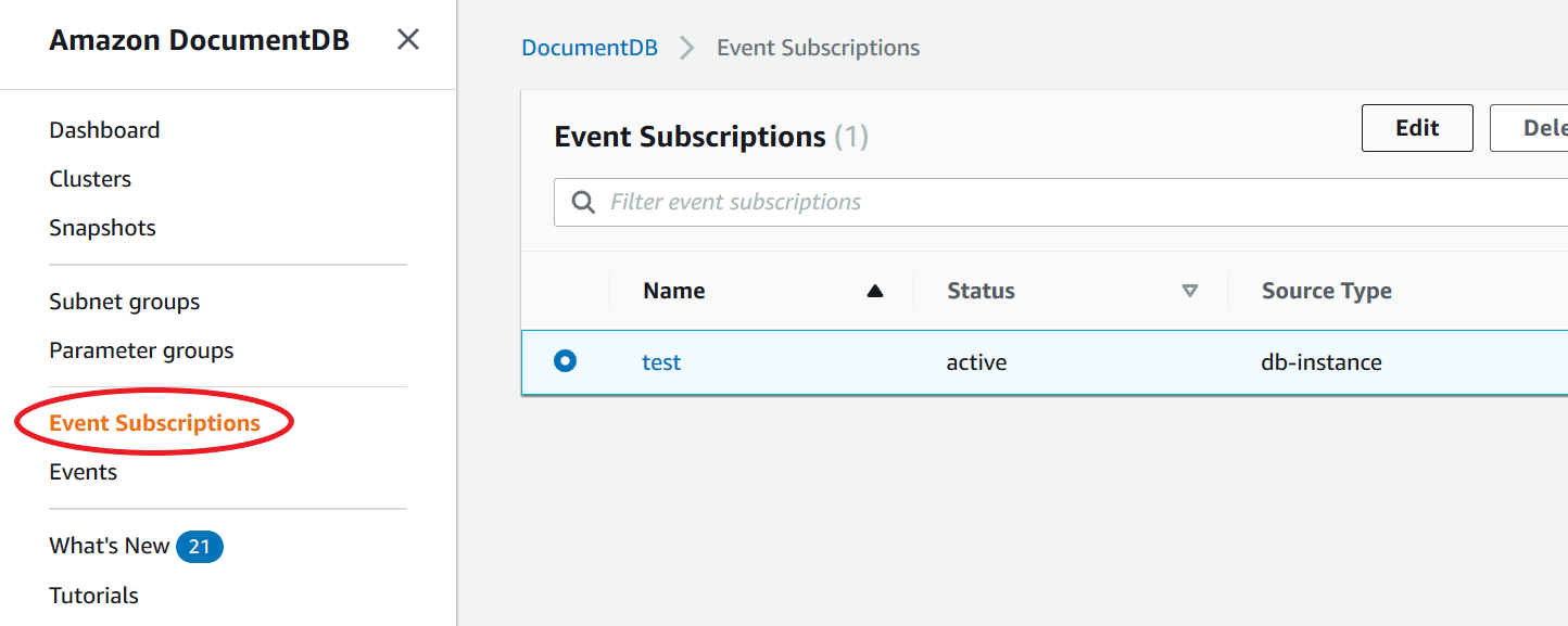 Panel navigasi konsol Amazon DocumentDB dengan opsi Langganan Acara disorot.