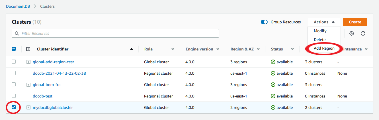 Dropdown Tindakan pada antarmuka Clusters menunjukkan opsi Tambah Wilayah.
