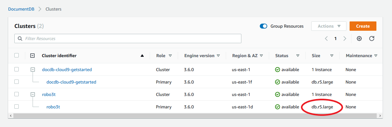 Daftar contoh dalam tabel Clusters dengan kolom Ukuran yang menunjukkan jenis instance.
