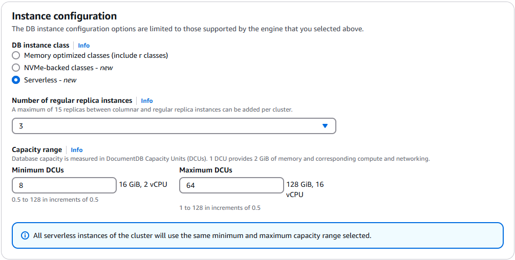 Formulir konfigurasi untuk cluster database tanpa server dengan bidang untuk kelas contoh, instance replika, dan rentang kapasitas.