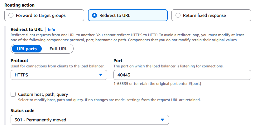 Aturan yang mengalihkan permintaan ke URL yang menggunakan protokol HTTPS dan port tertentu (40443), tetapi mempertahankan domain asli, jalur, dan parameter kueri dari URL asli.