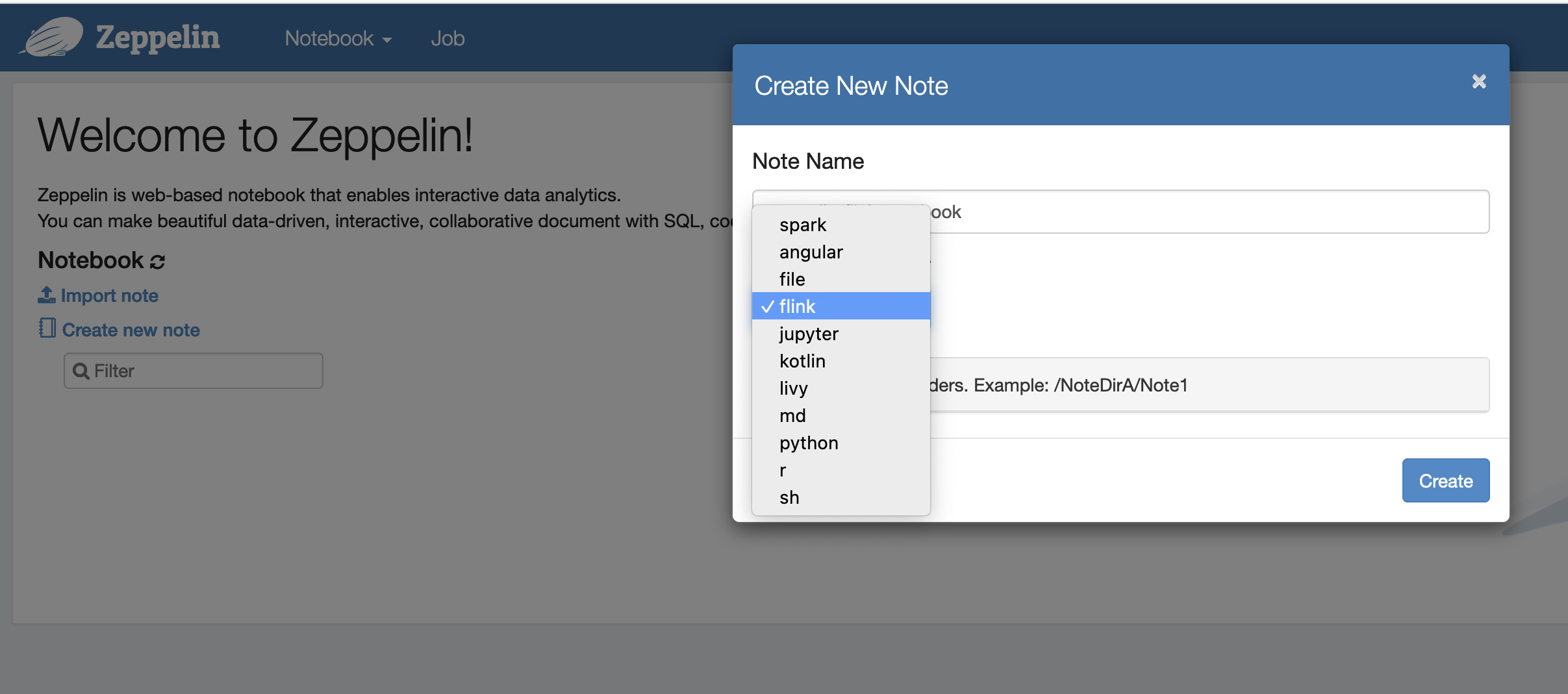 Anda dapat membuat catatan baru di notebook Zeppelin dengan Flink sebagai penerjemah default.
