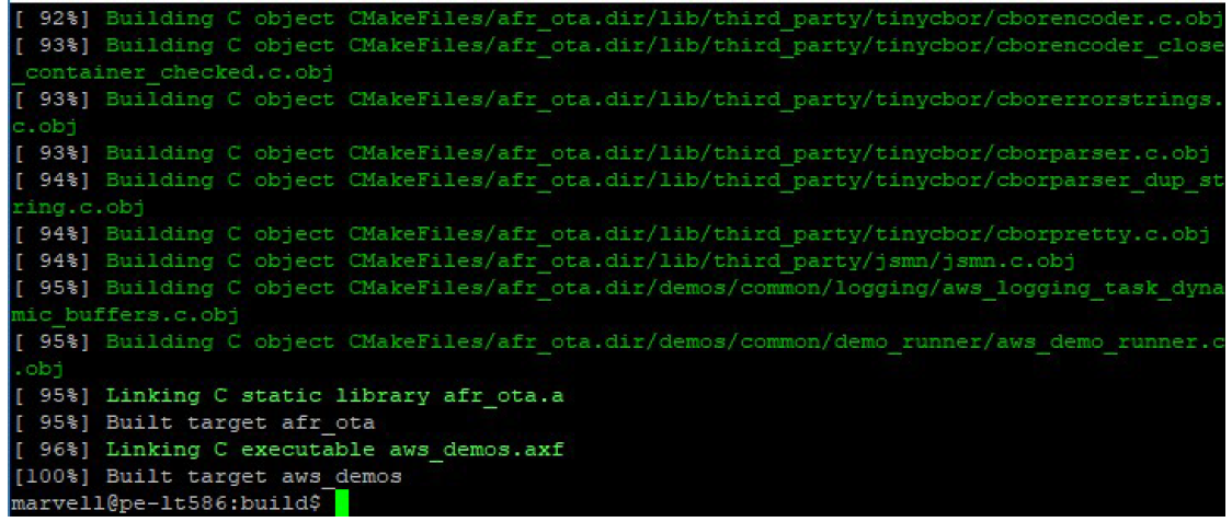 Output terminal menunjukkan proses pembuatan file objek C dan menautkan ke perpustakaan statis dan dapat dieksekusi untuk demo. AWS