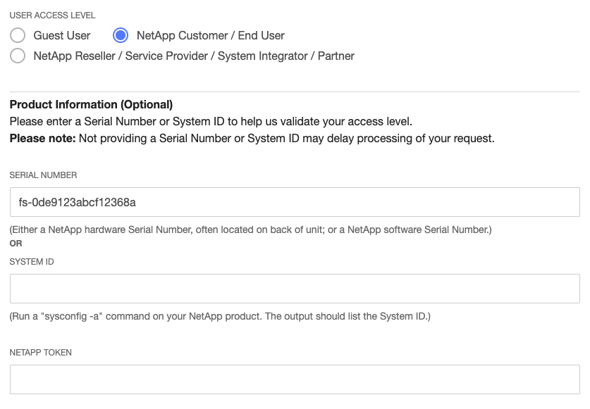 Pilih tingkat akses pengguna saat mendaftar NetApp akun.