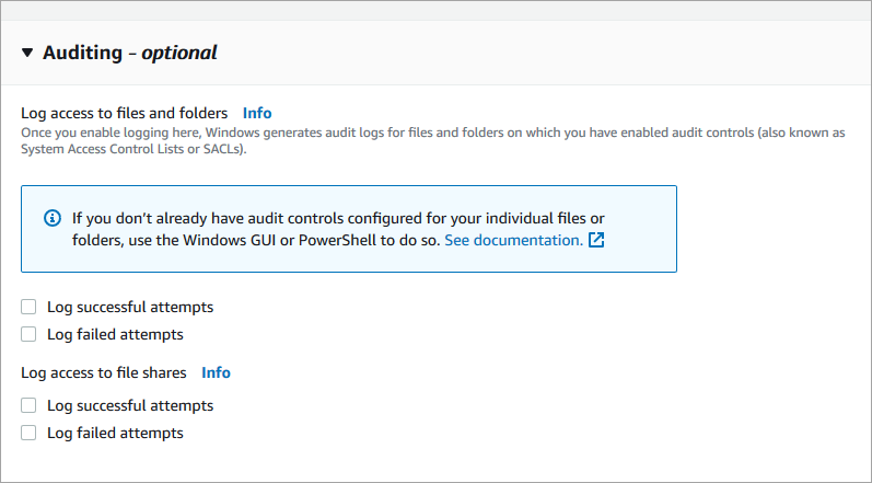 Bagian Audit - opsional pada Buat wizard sistem file, menunjukkan bahwa audit akses file dinonaktifkan secara default.