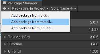 Tambahkan paket dari tarball yang disorot di bawah ikon + di tab Package Manager.