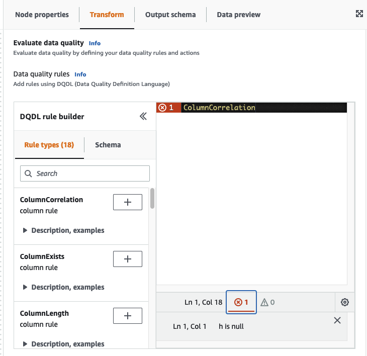 Tangkapan layar menunjukkan editor aturan DQDL dengan indikator kesalahan pada baris 1 dan di bagian bawah editor aturan dengan jumlah kesalahan. Di bawah ini adalah deskripsi kesalahan.