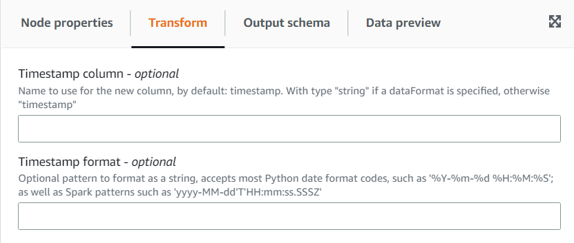 Tangkapan layar menunjukkan tab Transform untuk transformasi Add Current Timestamp.