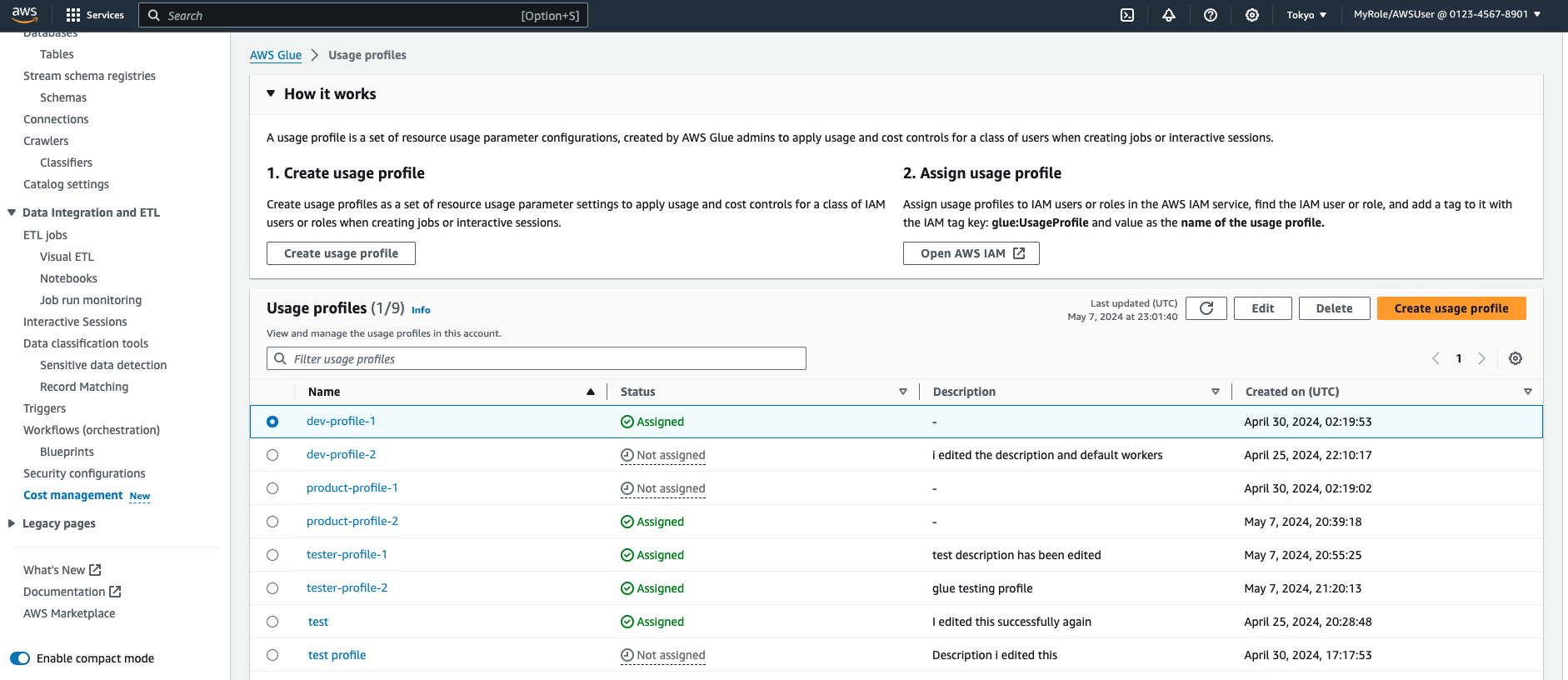 Contoh profil penggunaan yang dikonfigurasi di AWS Glue.