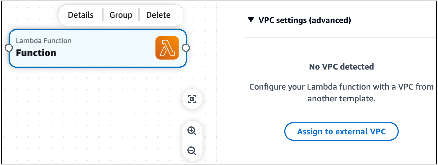Gambar panel properti Resource dari kartu Fungsi Lambda dengan bagian dropdown pengaturan VPC (lanjutan) diperluas