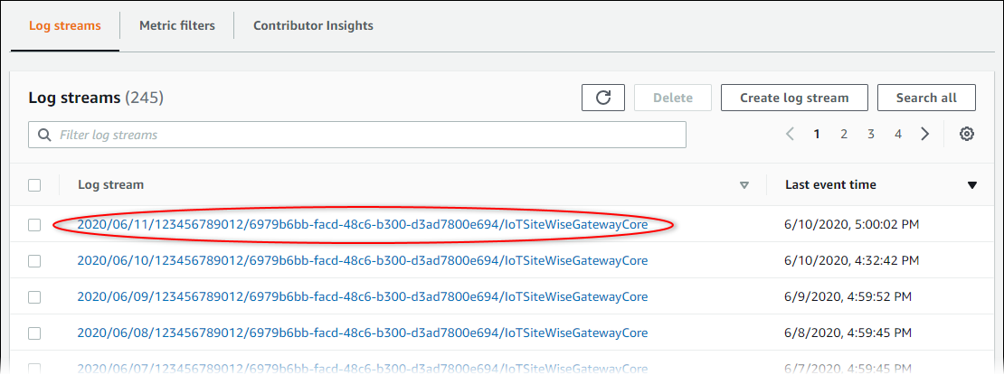 CloudWatch Log tangkapan layar halaman “Grup log”.