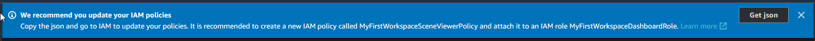 Spanduk dengan kebijakan IAM dan nama peran yang direkomendasikan, dan tombol yang memungkinkan Anda mendapatkan JSON yang diperlukan.