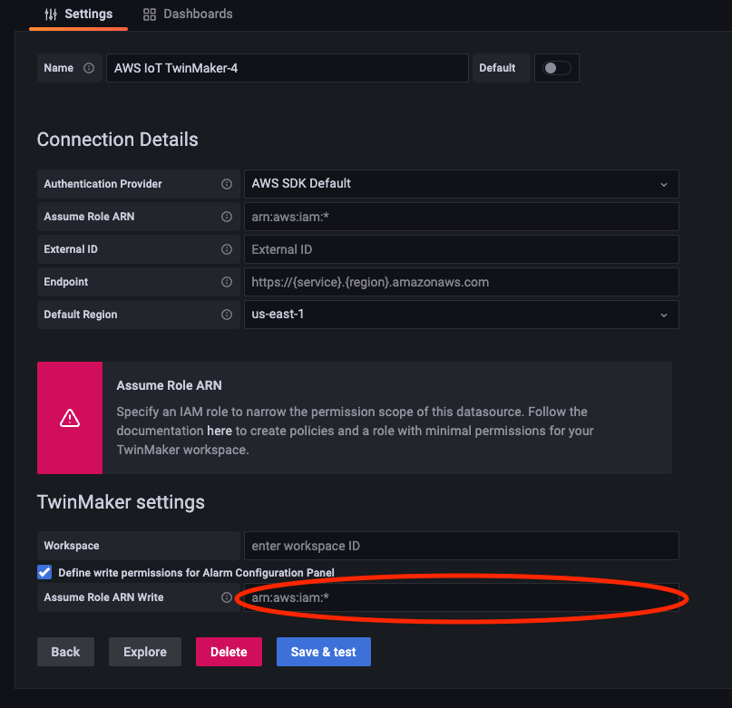 Tab Pengaturan dasbor Grafana dengan kotak centang yang dipilih dan kotak entri arn disorot.