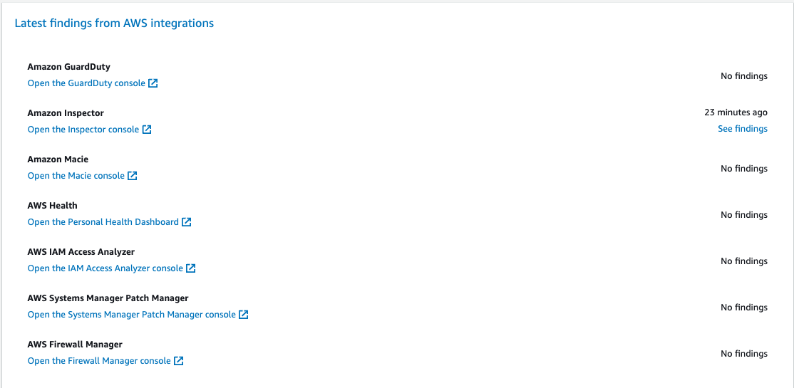 Security Hub CSPM console "Latest findings from AWS integrations" section