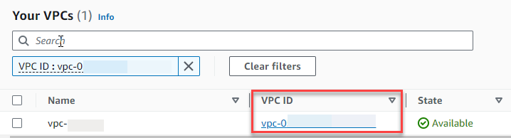Daftar VPC yang difilter di Konsol VPC Amazon