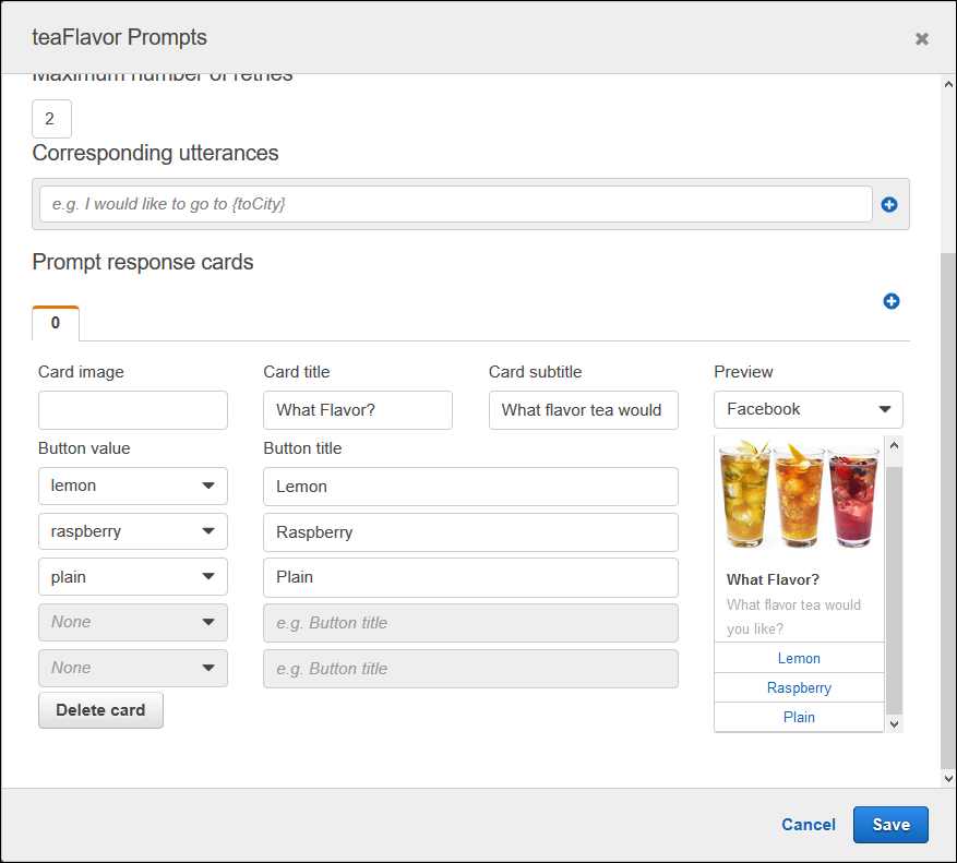 Konsol yang menampilkan editor kartu respons.
