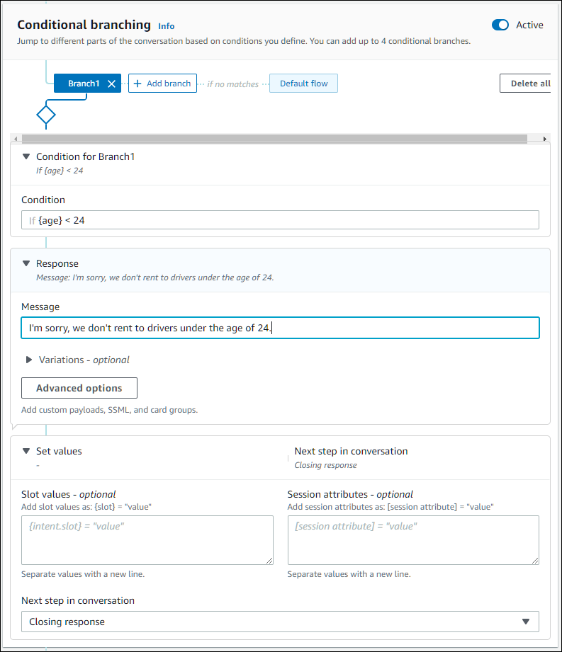 Konsol Amazon Lex V2 menunjukkan editor kondisi untuk slot.