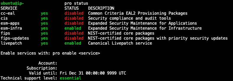 Contoh output dari perintah Ubuntu pro dengan langganan Ubuntu Pro aktif.