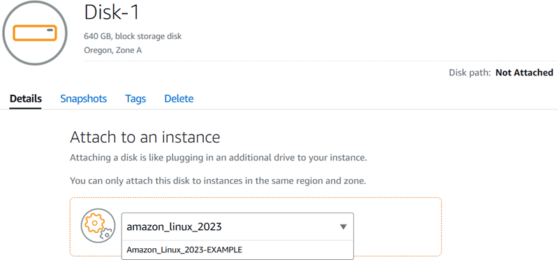 Lampirkan snapshot ke instance di Lightsail.