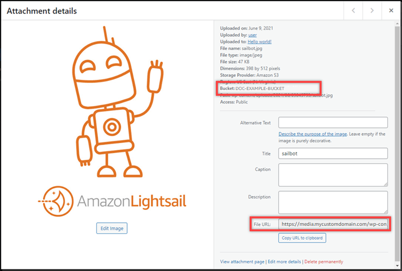 Nama bucket Anda dan URL-nya di panel Attachment details.
